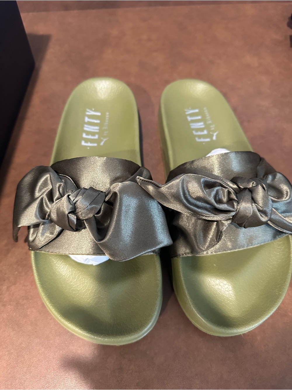 Fenty Puma Olive Green Satin-Knot Slide Sandals 9.5 excellent condition